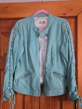 Scully Teal Leather Jacket with Lace-Up Sleeve & Studs